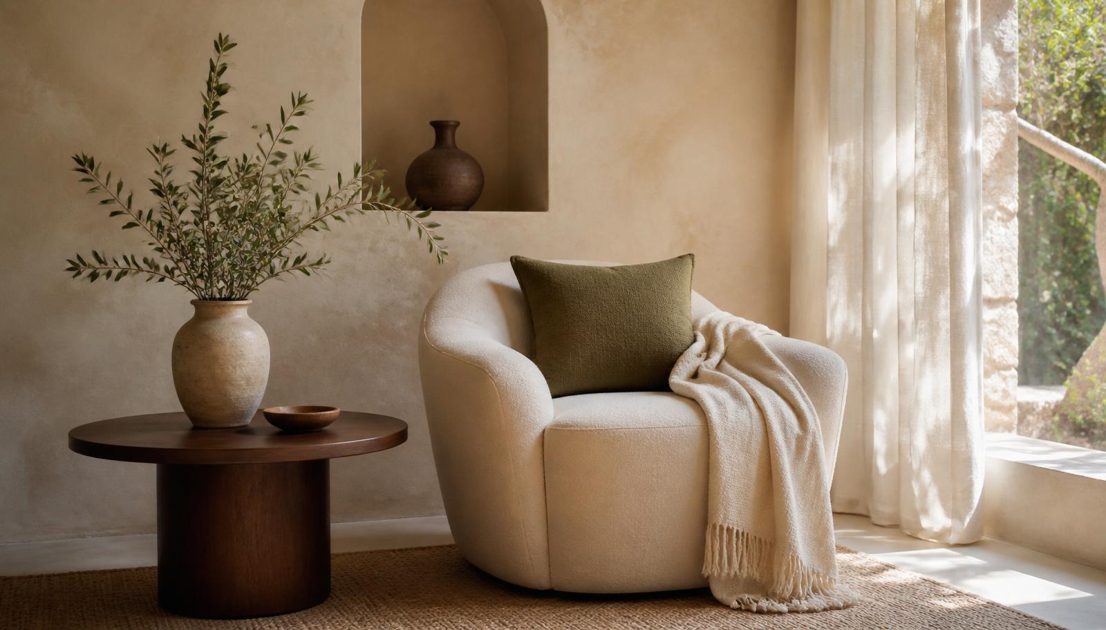 Quiet armchair corner with olive pillow and warm sunlight