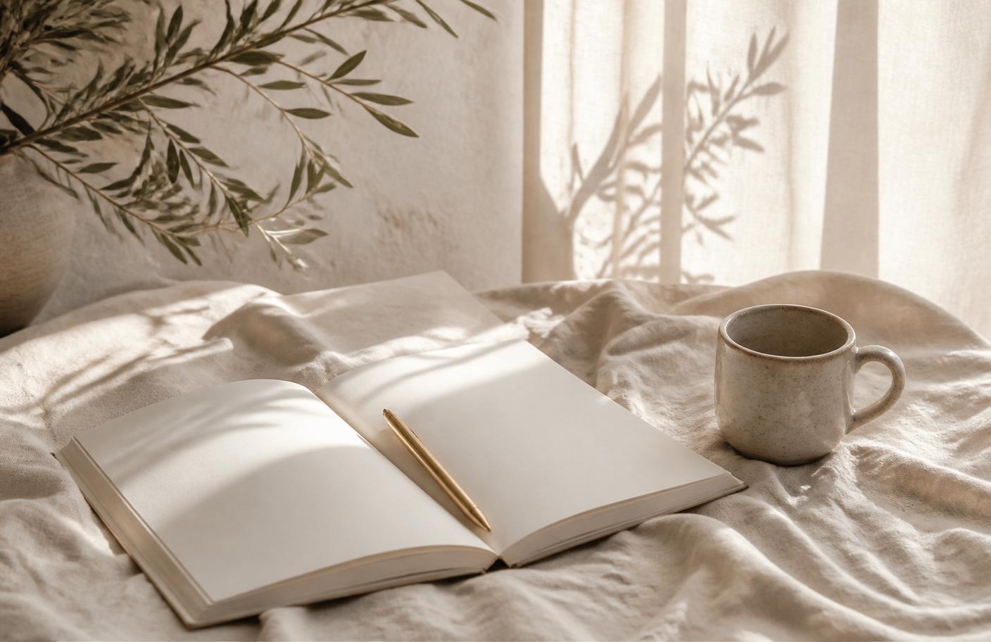 Open journal and mug in soft morning light