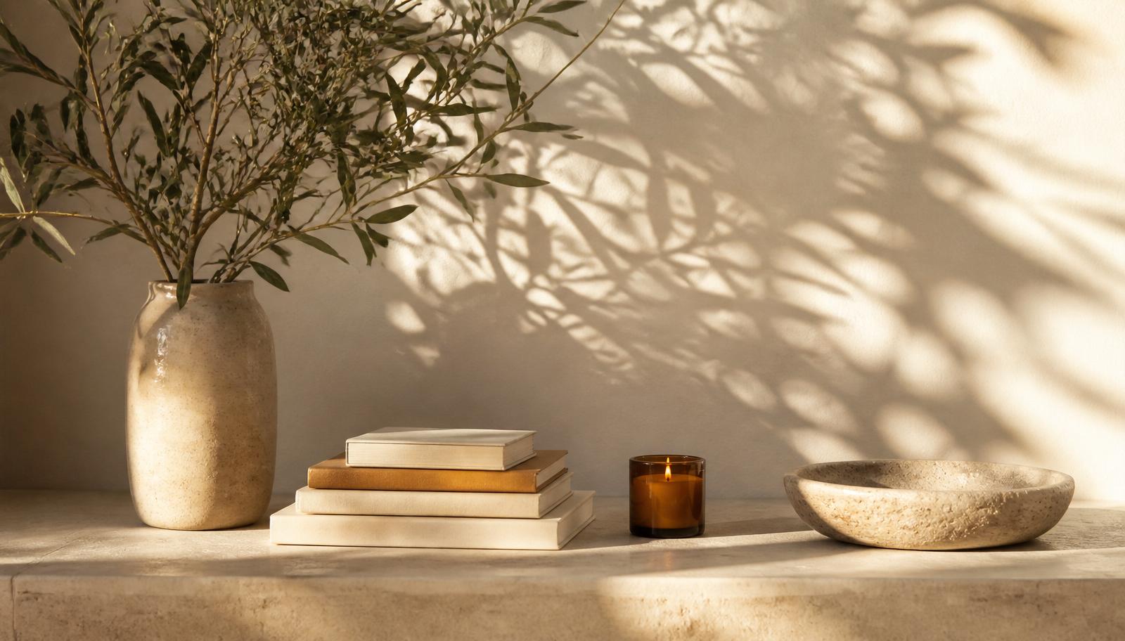 Books, olive stems, candle, and stone bowl on a travertine ledge